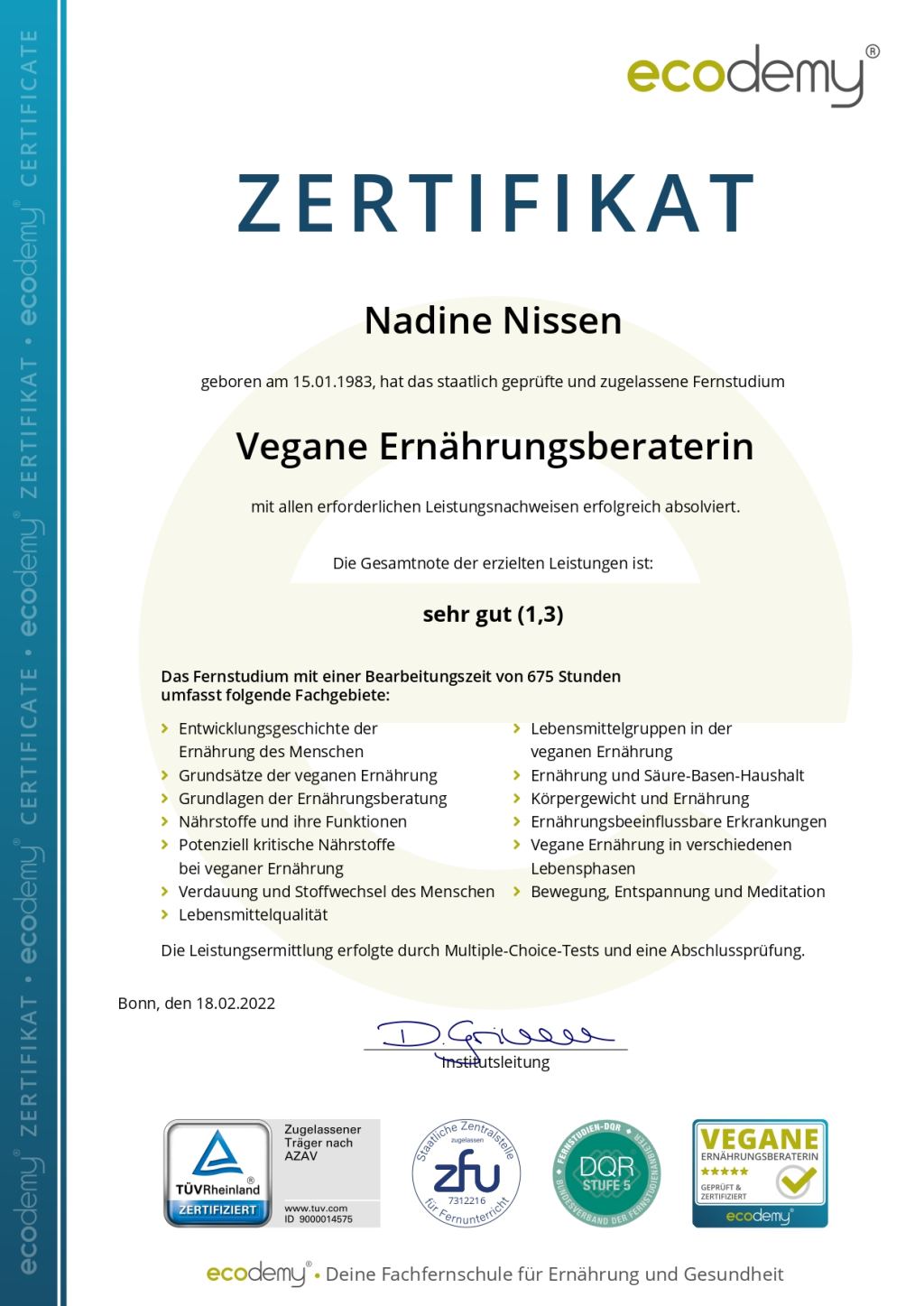 Zertifikat vegane Ernährungsberaterin Nadine Nissen